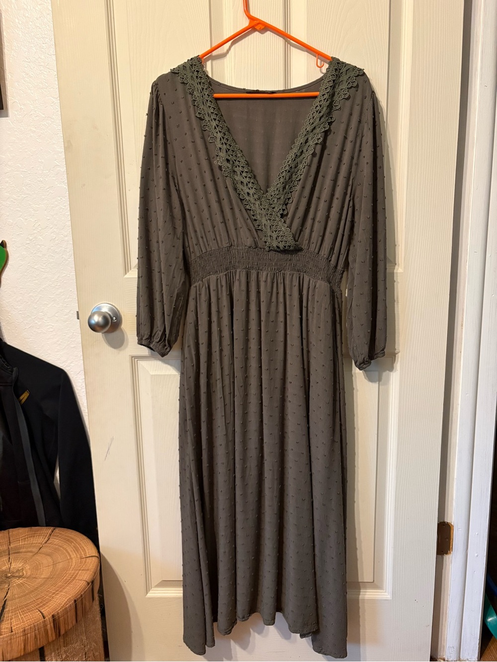 Olive Crochet Trim V-Neck Midi Dress - Women
